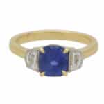 Cushion Cut Blue Sapphire and Half-Moon Diamond Three Stone