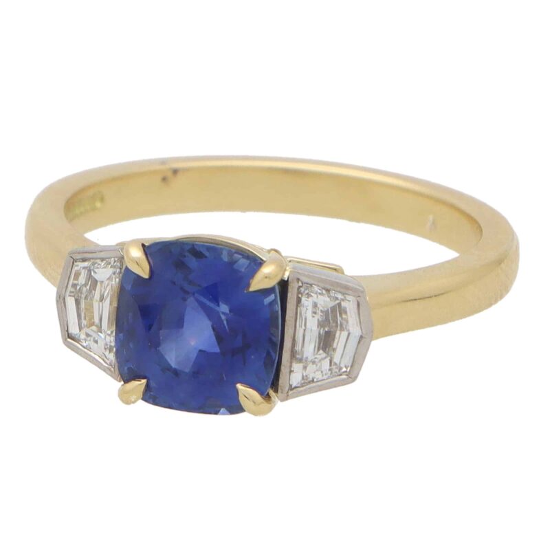 Cushion Cut Blue Sapphire and Half-Moon Diamond Three Stone