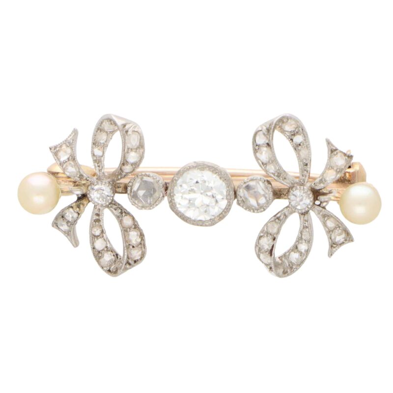 Art Deco Diamond and Pearl Bow Pin Brooch