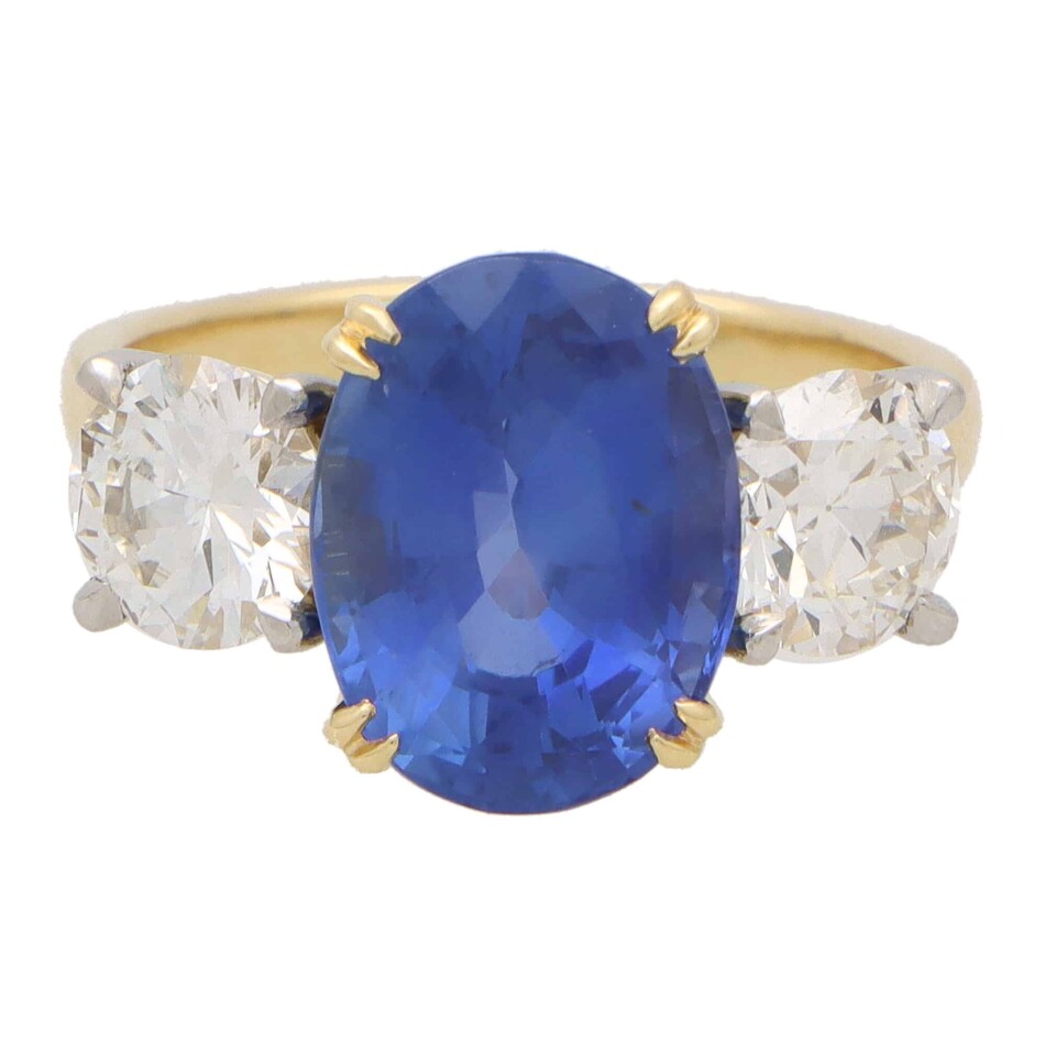 Certified 7.18ct Unheated Sapphire and Diamond Three Stone Ring