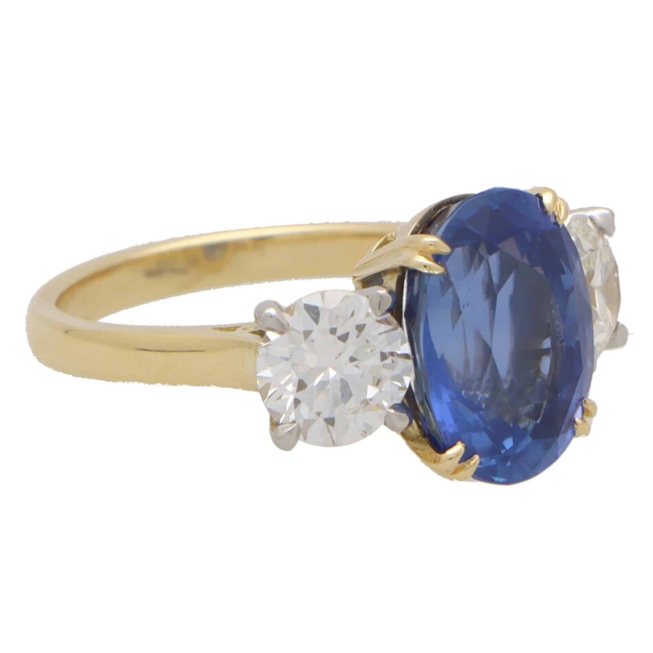 Certified 7.18ct Unheated Sapphire and Diamond Three Stone Ring