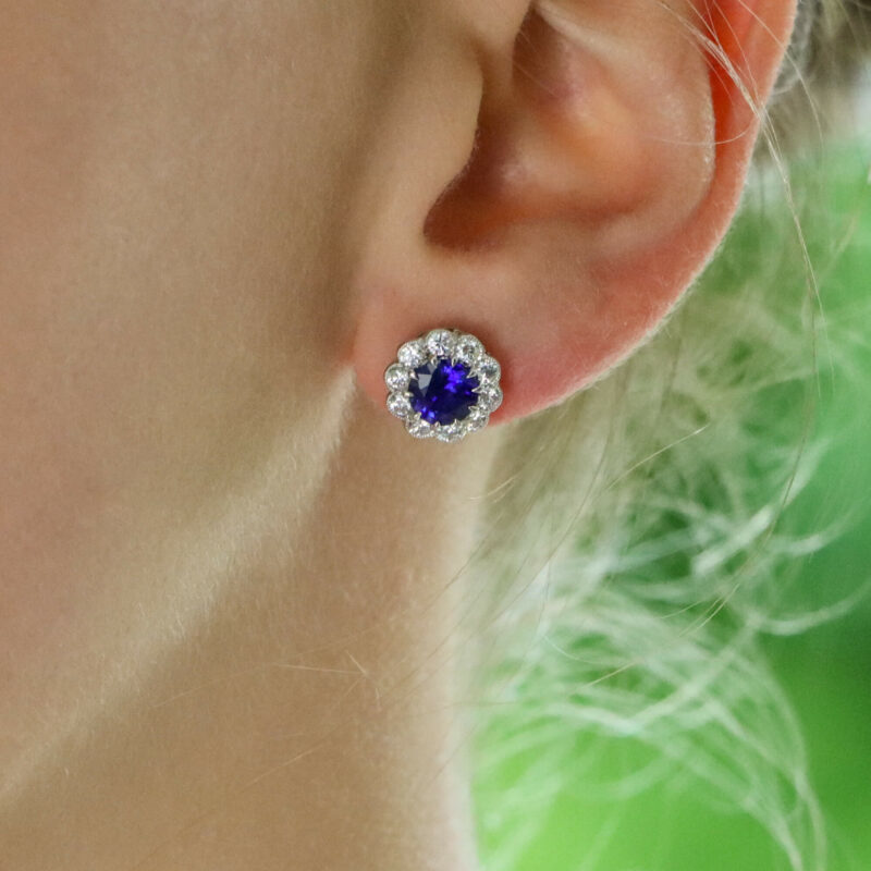 Sapphire and Diamond Cluster Earrings in White Gold