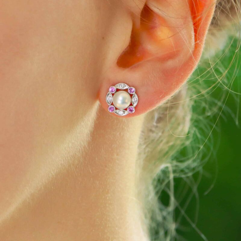 Pink Sapphire, Diamond and Pearl Cluster Stud Earrings