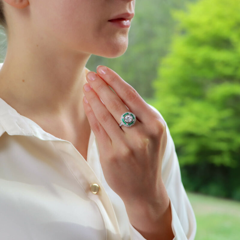 Art Deco Inspired Emerald and Diamond Double Target Ring