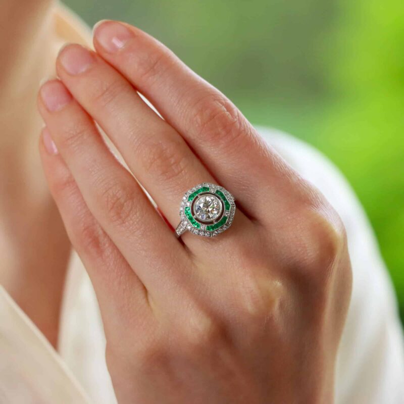 Art Deco Inspired Emerald and Diamond Double Target Ring