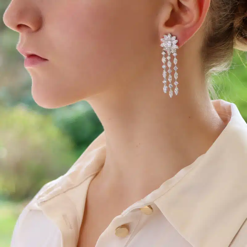 Floral Marquise and Asscher Cut Diamond Drop Earrings