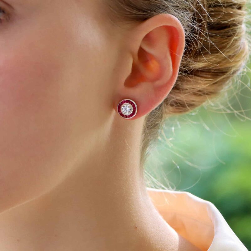 Art Deco Inspired Ruby and Diamond Target Stud Earrings