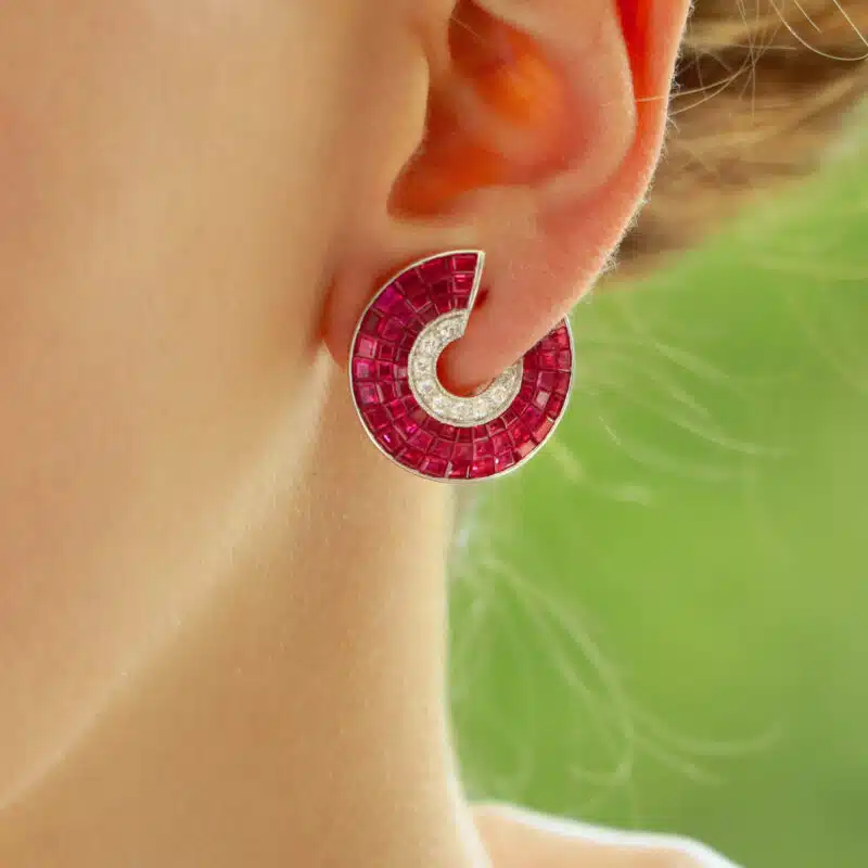 Art Deco Style Invisibly Set Ruby and Diamond Earrings