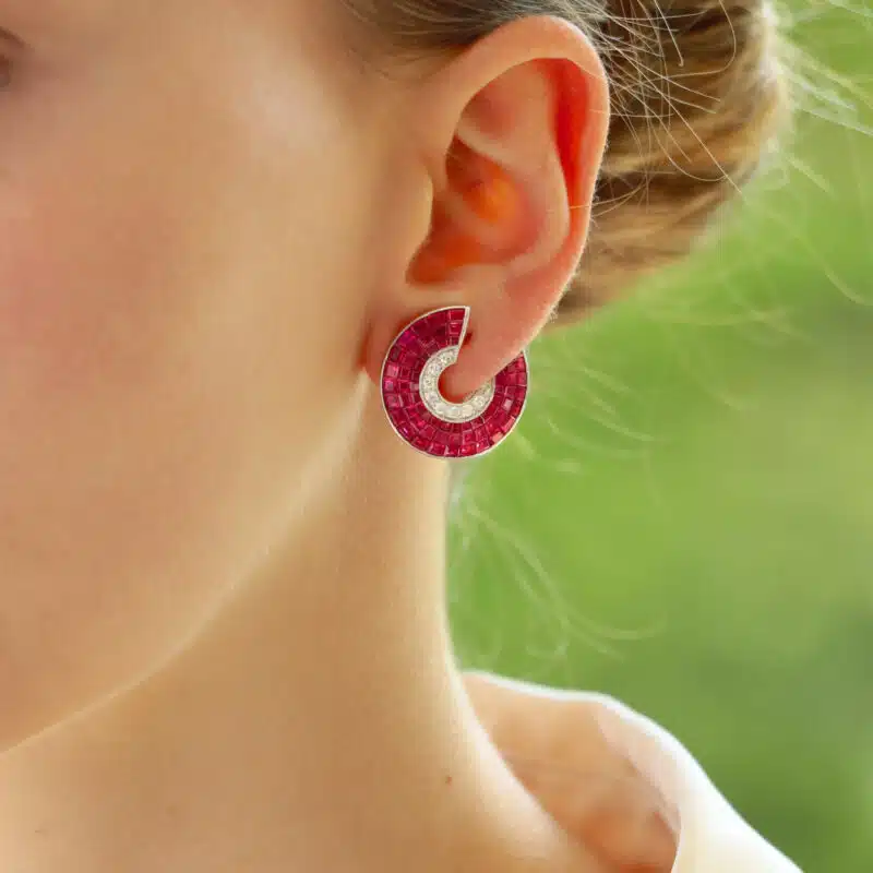 Art Deco Style Invisibly Set Ruby and Diamond Earrings