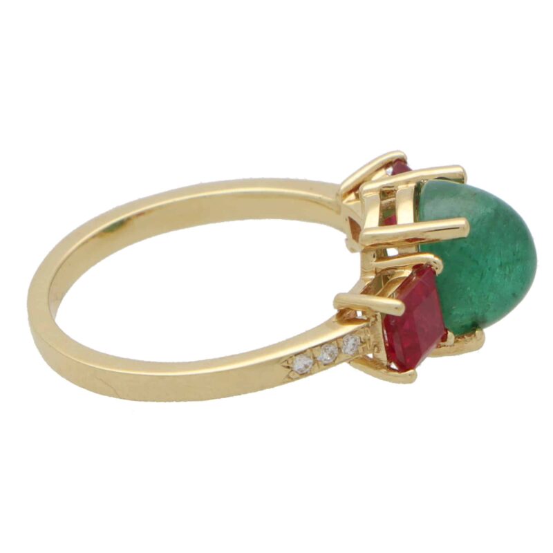 Retro Emerald, Ruby and Diamond Three Stone Ring