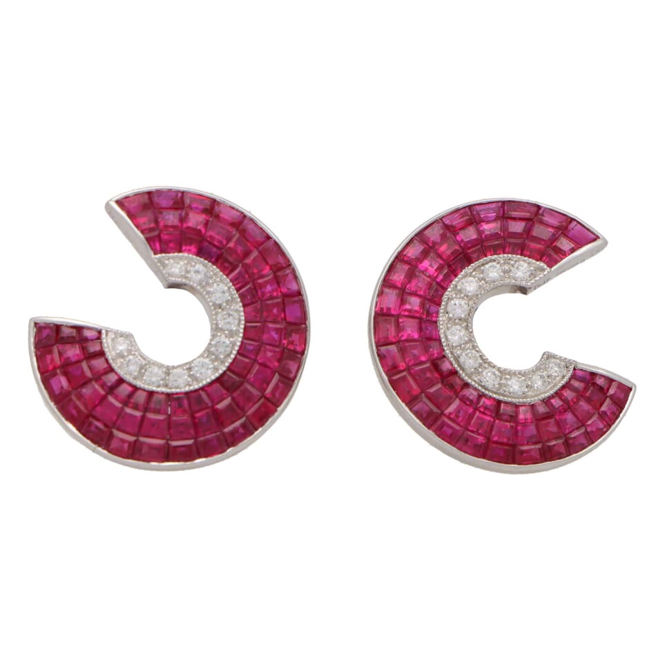 Art Deco Style Invisibly Set Ruby and Diamond Earrings