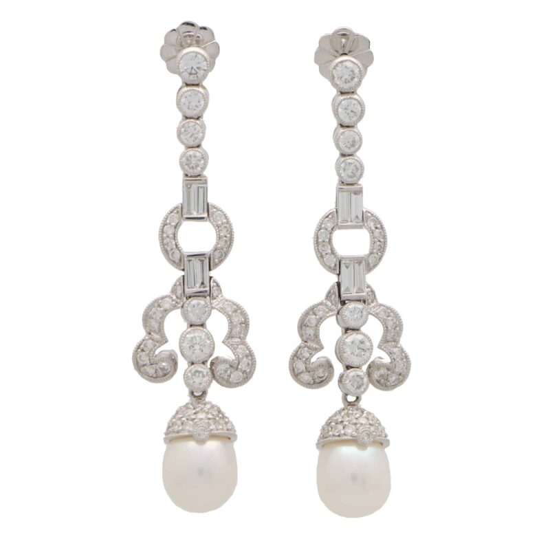 Art Deco Inspired Pearl and Diamond Drop Earrings