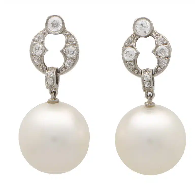 Art Deco Diamond and Pearl Drop Earrings