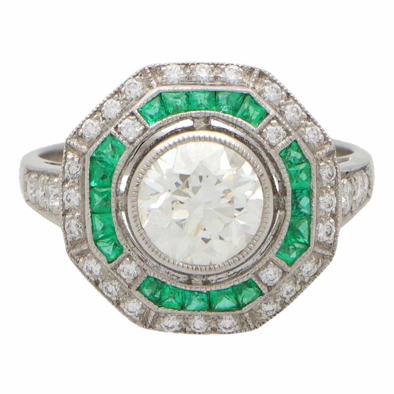 Art Deco Inspired Emerald and Diamond Double Target Ring