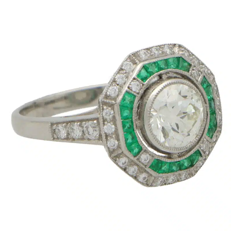 Art Deco Inspired Emerald and Diamond Double Target Ring