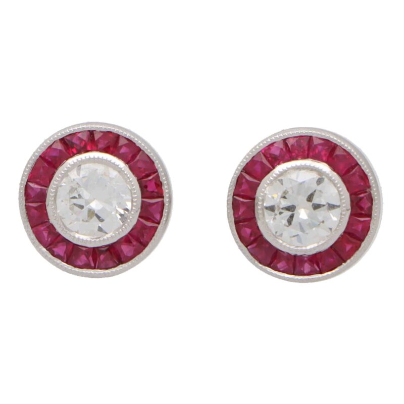 Art Deco Inspired Ruby and Diamond Target Stud Earrings