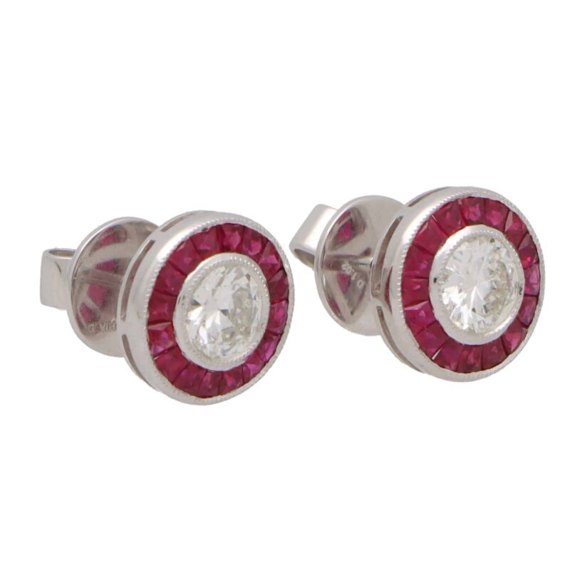 Art Deco Inspired Ruby and Diamond Target Stud Earrings