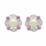 Pink Sapphire, Diamond and Pearl Cluster Stud Earrings