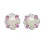 Pink Sapphire, Diamond and Pearl Cluster Stud Earrings