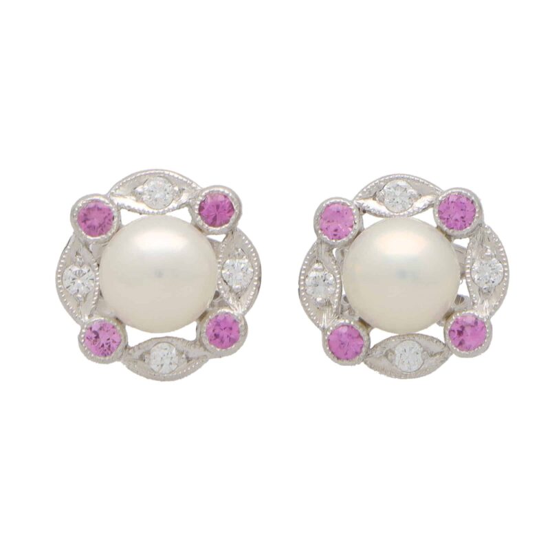 Pink Sapphire, Diamond and Pearl Cluster Stud Earrings