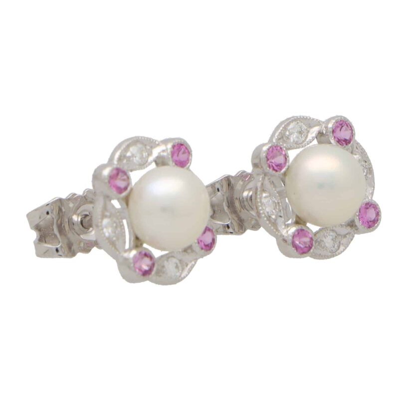 Pink Sapphire, Diamond and Pearl Cluster Stud Earrings