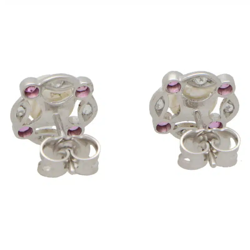 Pink Sapphire, Diamond and Pearl Cluster Stud Earrings