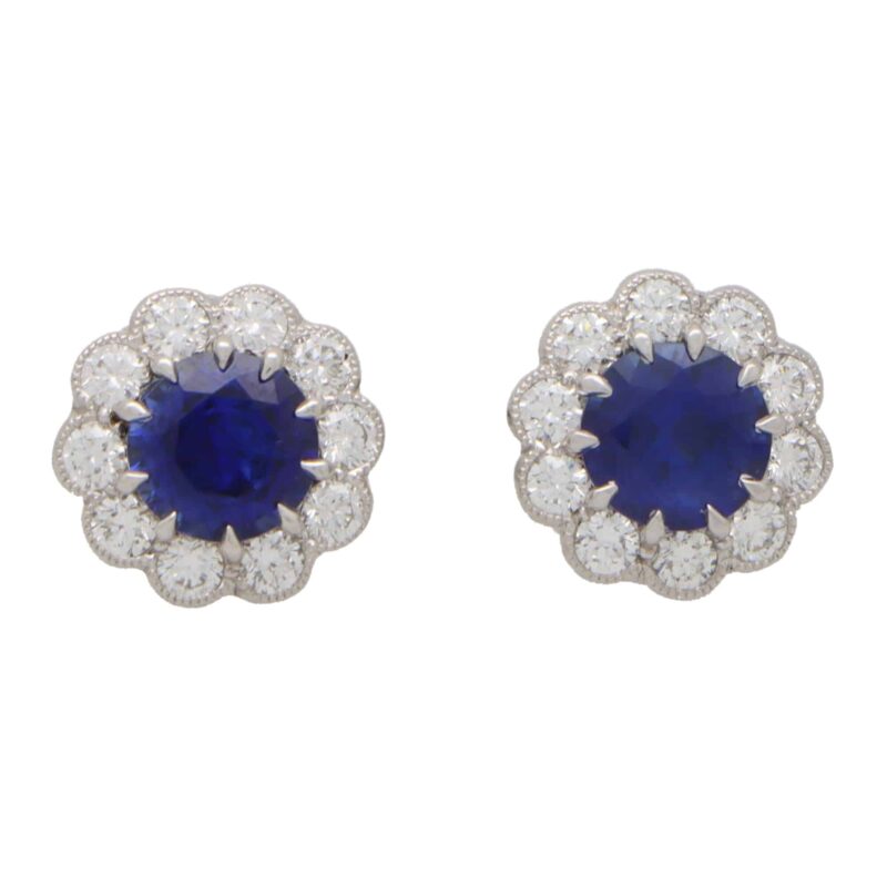 Sapphire and Diamond Cluster Earrings in White Gold