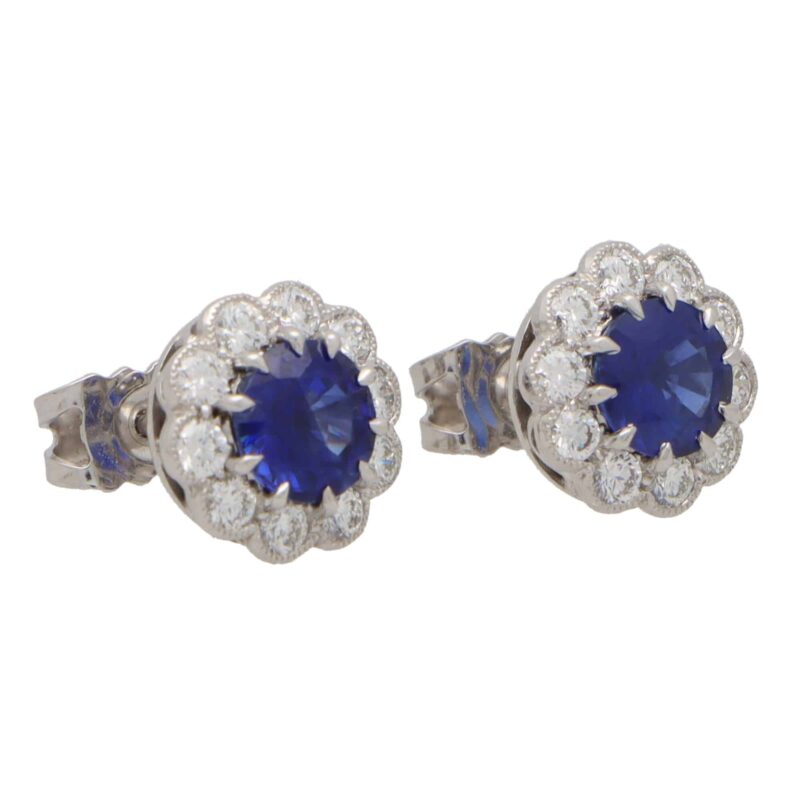 Sapphire and Diamond Cluster Earrings in White Gold