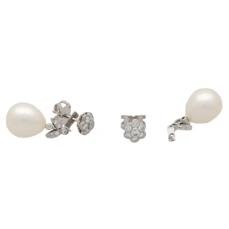 Convertible Pearl and Diamond Floral Drop/Stud Earrings