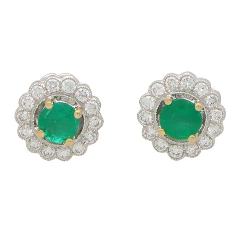 Emerald and Diamond Floral Cluster Earrings