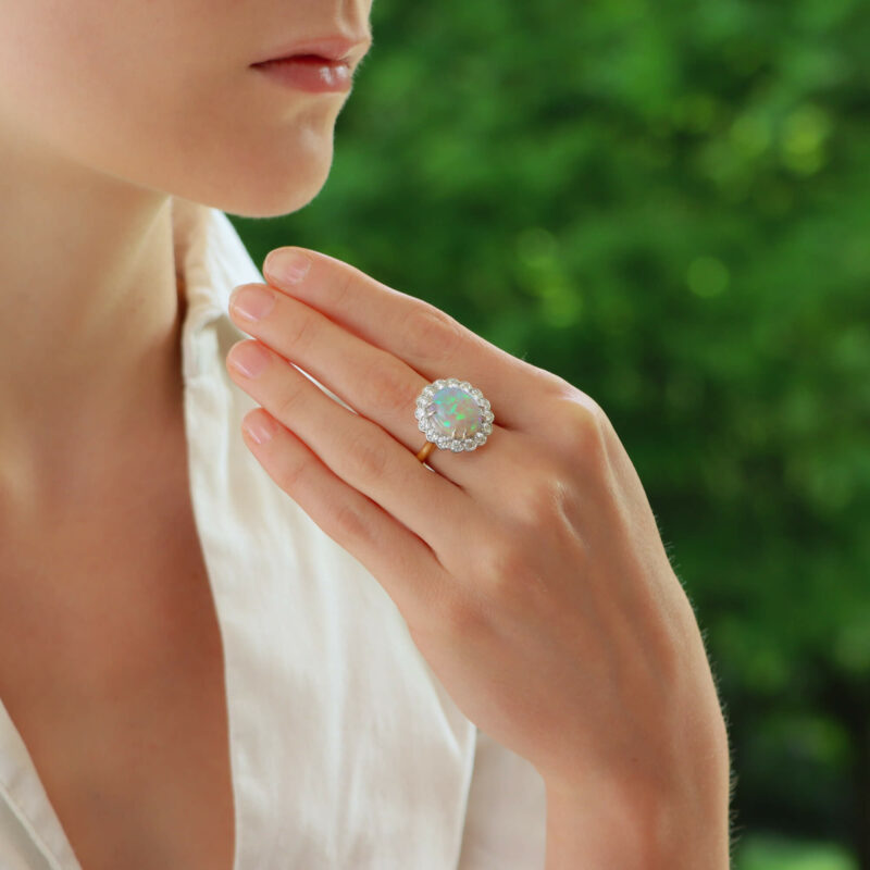 Black Opal and Diamond Floral Cluster Ring