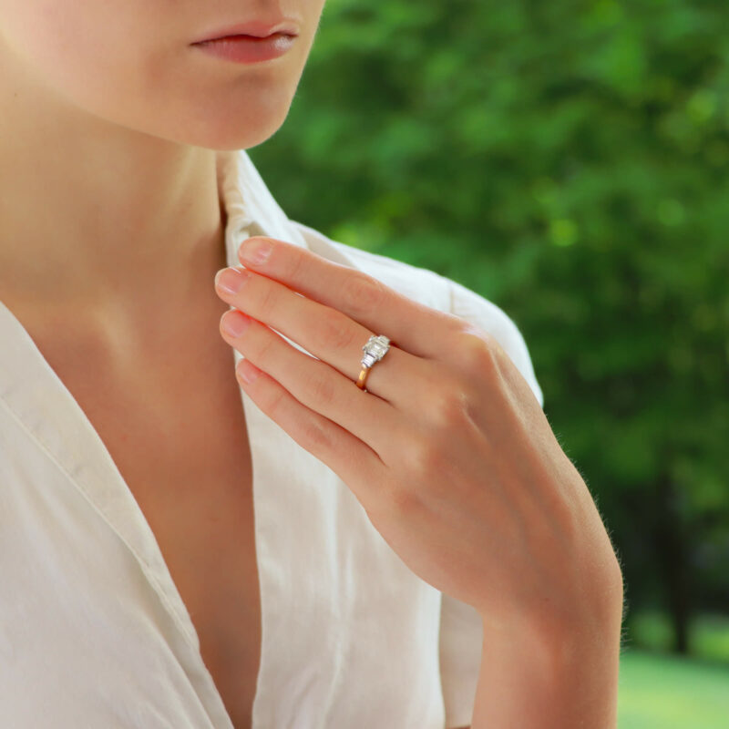 Certified Emerald Cut and Trapezoid Diamond Three Stone