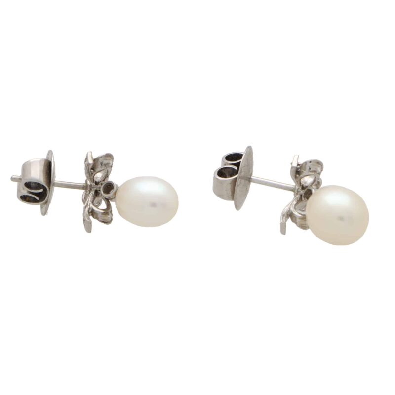 Vintage Ribbon Topped Pearl and Diamond Drop Earrings