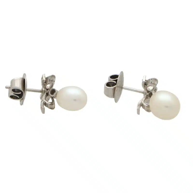 Vintage Ribbon Topped Pearl and Diamond Drop Earrings