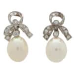 Vintage Ribbon Topped Pearl and Diamond Drop Earrings