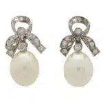 Vintage Ribbon Topped Pearl and Diamond Drop Earrings