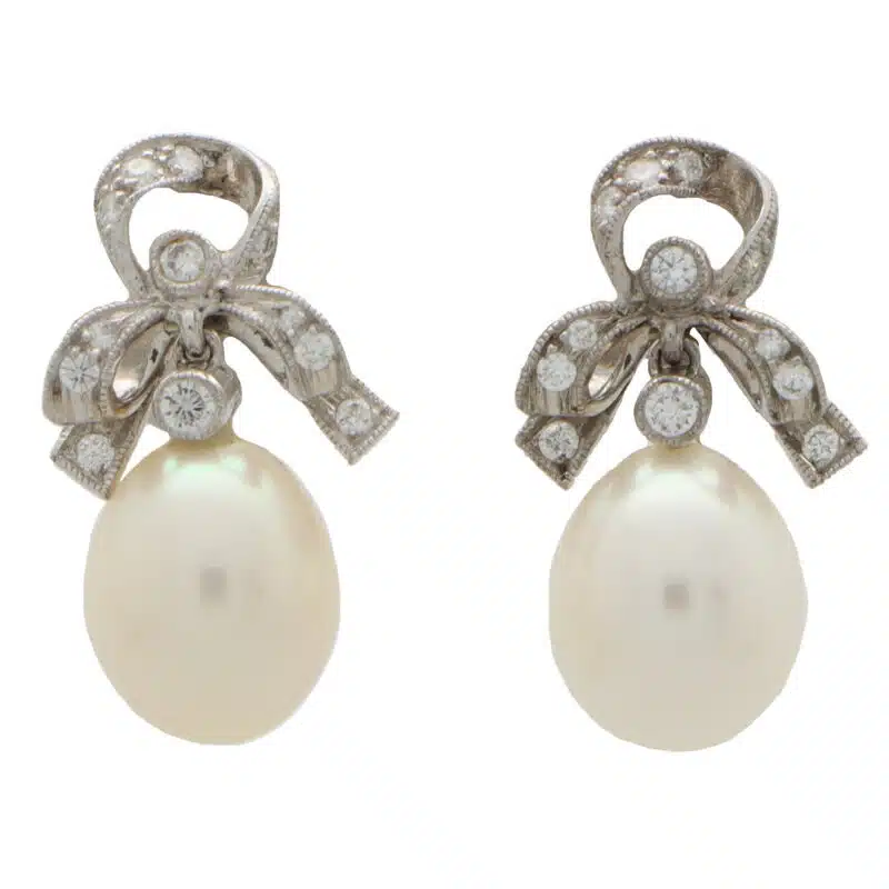 Vintage Ribbon Topped Pearl and Diamond Drop Earrings