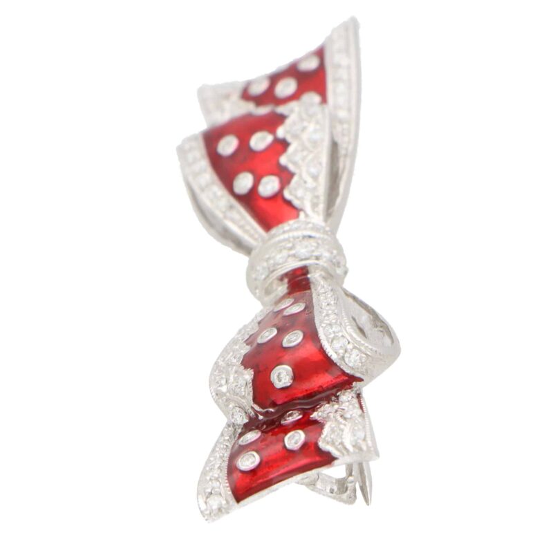 Diamond and Red Enamel Bow Brooch