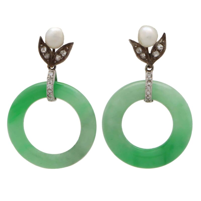 Art Deco Jade, Pearl and Diamond Drop Earrings