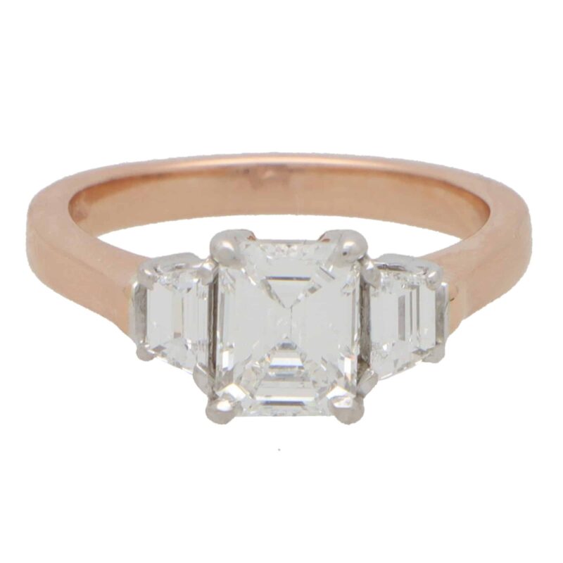 Certified Emerald Cut and Trapezoid Diamond Three Stone