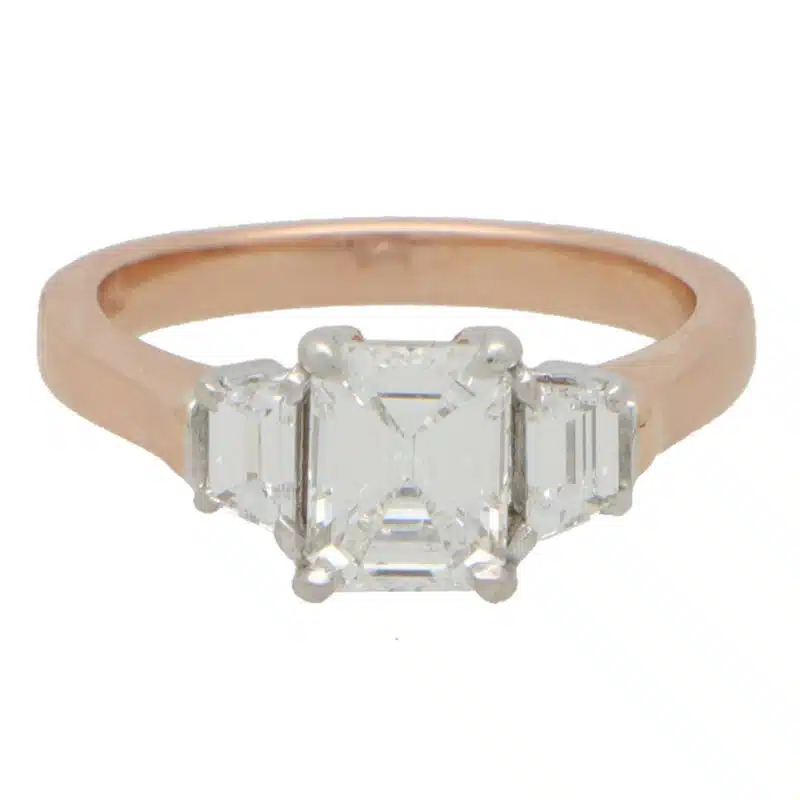 Certified Emerald Cut and Trapezoid Diamond Three Stone