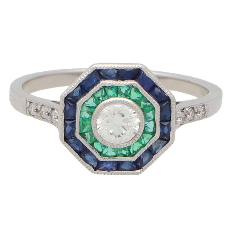 Art Deco Inspired Octagonal Sapphire, Emerald and Diamond Ring