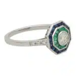 Art Deco Inspired Octagonal Sapphire, Emerald and Diamond Ring