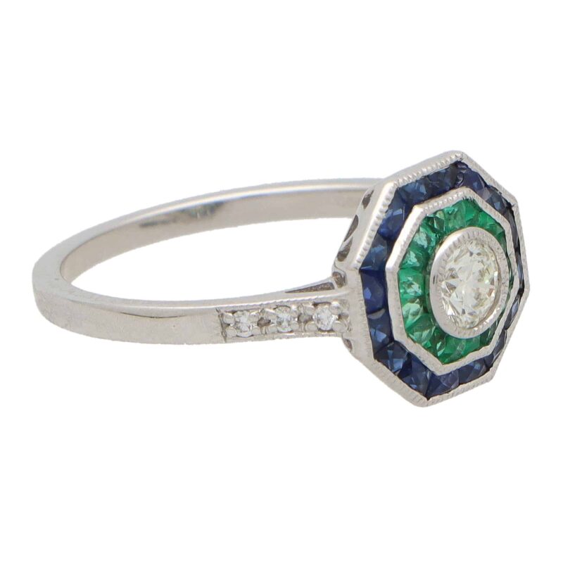 Art Deco Inspired Octagonal Sapphire, Emerald and Diamond Ring