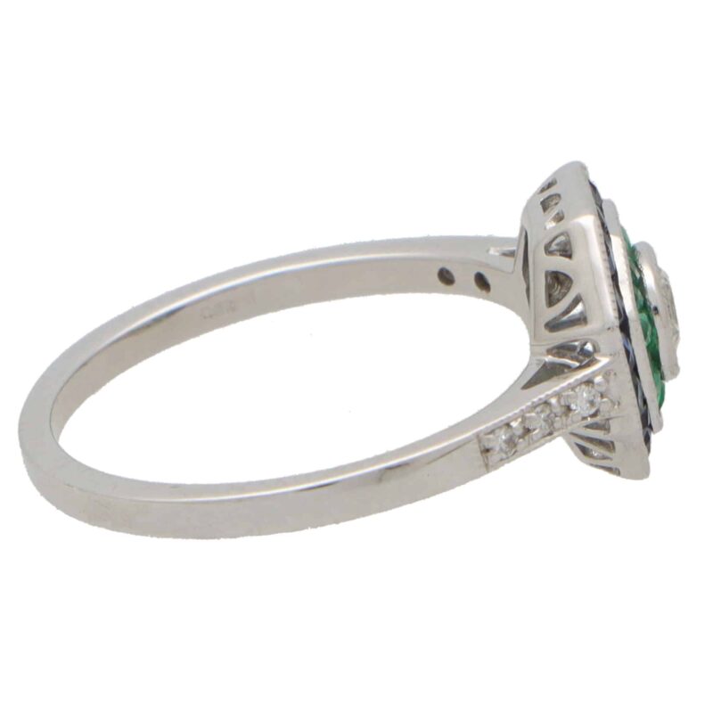 Art Deco Inspired Octagonal Sapphire, Emerald and Diamond Ring