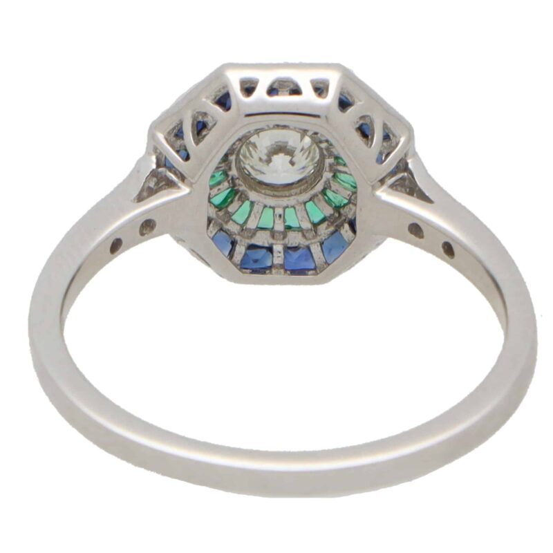 Art Deco Inspired Octagonal Sapphire, Emerald and Diamond Ring