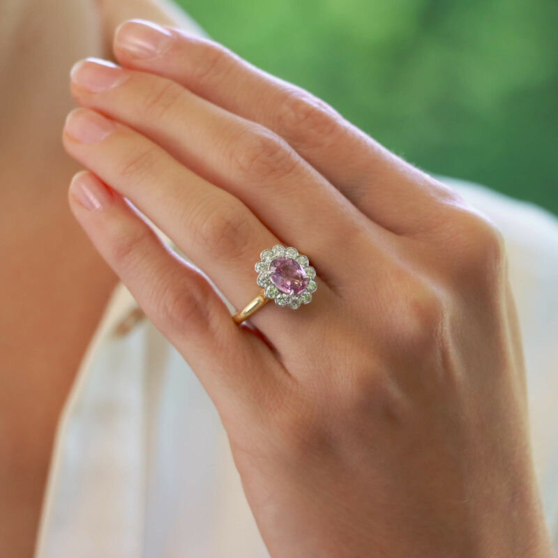 Pink Sapphire and Diamond Floral Cluster Ring