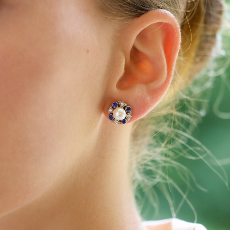 Blue Sapphire, Diamond and Pearl Cluster Stud Earrings