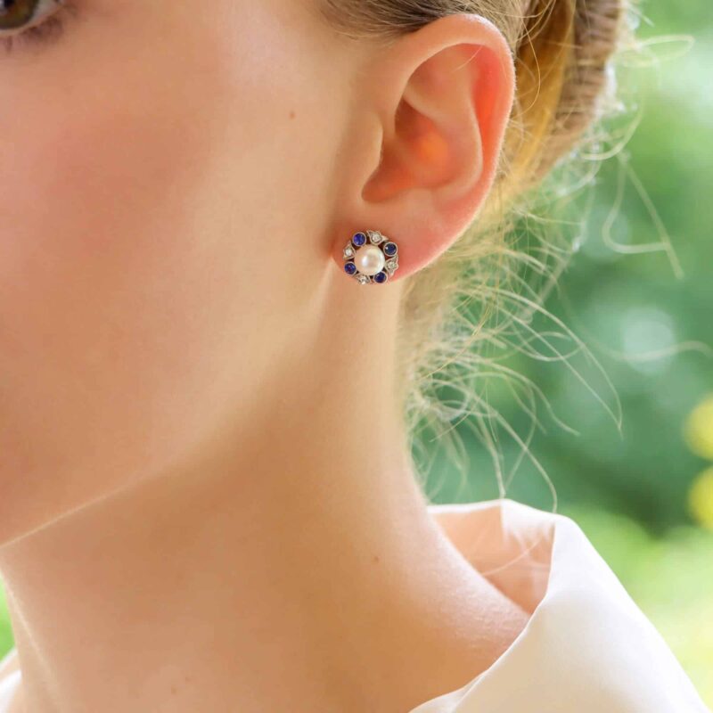 Blue Sapphire, Diamond and Pearl Cluster Stud Earrings