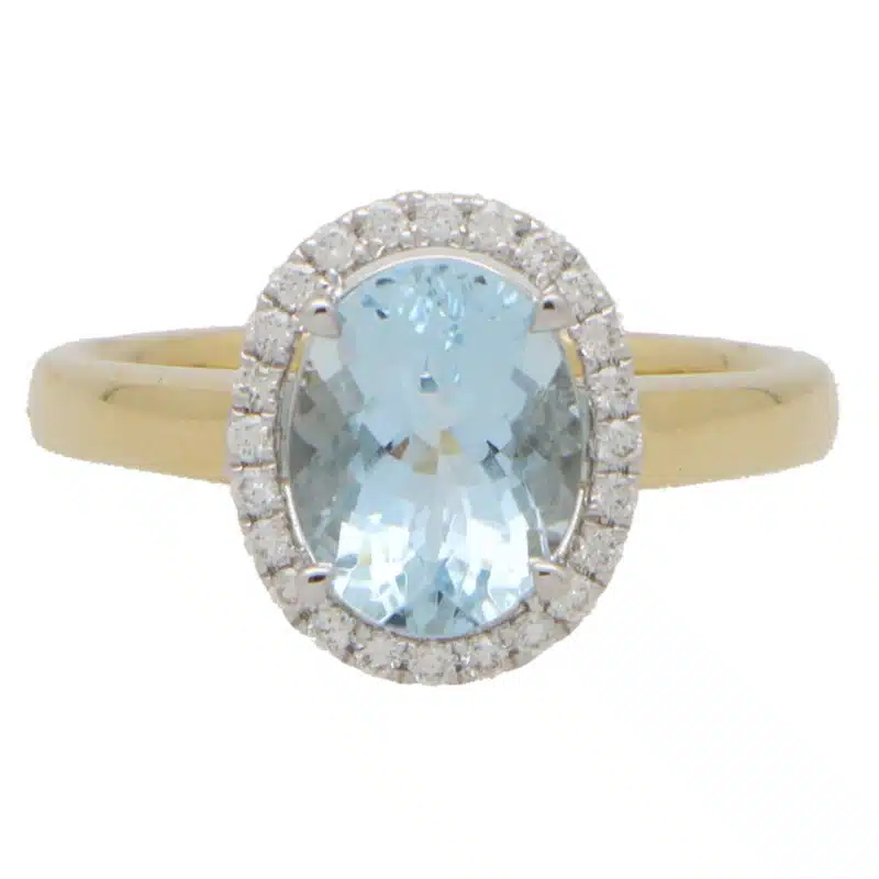 Aquamarine and Diamond Halo Cluster Ring